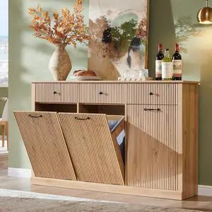 IFGET Triple Tilt Out Trash Can Cabinet, Modern Fluted Laundry Hamper Cabinet with 3 Drawers, 20 Gallon Hidden Wooden Garbage Can Cabinet w/Storage Basket & Adjustable Shelf, for Kitchen, Natural Oak IFGET Triple Tilt Out Trash Can Cabinet, Modern Fluted Laundry Hamper Cabinet with 3 Drawers, 20 Gallon Hidden Wooden Garbage Can Cabinet w/Storage Basket & Adjustable Shelf, for Kitchen, Natural Oak
