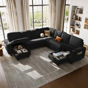 LINSY HOME Sectional Sleeper Sofa with Pull Out Couch Bed - Convertible Plush Corduroy Cloud Couches with Storage Chaise & USB Charging, Comfy Modular Couch for Living Room, Black LINSY HOME Sectional Sleeper Sofa with Pull Out Couch Bed - Convertible Plush Corduroy Cloud Couches with Storage Chaise & USB Charging, Comfy Modular Couch for Living Room, Black