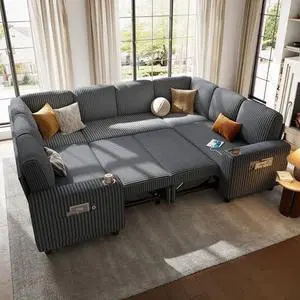 LINSY HOME Sectional Sleeper Sofa with Pull Out Couch Bed - Convertible Plush Corduroy Cloud Couch with Storage Chaise & USB Charging, Comfy Modular Couches for Living Room, Grey LINSY HOME Sectional Sleeper Sofa with Pull Out Couch Bed - Convertible Plush Corduroy Cloud Couch with Storage Chaise & USB Charging, Comfy Modular Couches for Living Room, Grey