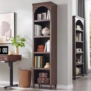 IFGET 76" Tall Arched Bookcase, Farmhouse 5 Tiers Narrow Arched Bookshelf Cabinet with Adjustable Shelves, Modern Wooden Book Shelf w/Storage and Open Display Shelves for Living Room, Office-Brown IFGET 76" Tall Arched Bookcase, Farmhouse 5 Tiers Narrow Arched Bookshelf Cabinet with Adjustable Shelves, Modern Wooden Book Shelf w/Storage and Open Display Shelves for Living Room, Office-Brown