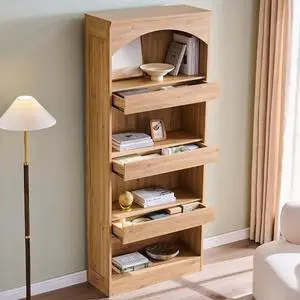 IFGET 76" Tall Arched Bookcase with 1PC Magnetic Lock Drawer, Modern Wooden Arch Bookshelf w/3 Pull-Out Drawers, Farmhouse 4 Tiers Book Shelf w/Open Shelves for Living Room, Office (Natural) IFGET 76" Tall Arched Bookcase with 1PC Magnetic Lock Drawer, Modern Wooden Arch Bookshelf w/3 Pull-Out Drawers, Farmhouse 4 Tiers Book Shelf w/Open Shelves for Living Room, Office (Natural)