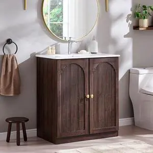 IFGET Modern Bathroom Vanity with Sink, 30 Inch Arched Fluted Bathroom Vanity Cabinet, Freestanding Single Bathroom Vanity with Ceramic Basin, Adjustable Storage Shelf, Space-Saving, Dark Walnut IFGET Modern Bathroom Vanity with Sink, 30 Inch Arched Fluted Bathroom Vanity Cabinet, Freestanding Single Bathroom Vanity with Ceramic Basin, Adjustable Storage Shelf, Space-Saving, Dark Walnut