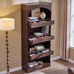 IFGET 76" Tall Arched Bookcase with 1PC Magnetic Lock Drawer, Modern Wooden Arch Bookshelf w/3 Pull-Out Drawers, Farmhouse 4 Tiers Book Shelf w/Open Shelves for Living Room, Office (Brown) IFGET 76" Tall Arched Bookcase with 1PC Magnetic Lock Drawer, Modern Wooden Arch Bookshelf w/3 Pull-Out Drawers, Farmhouse 4 Tiers Book Shelf w/Open Shelves for Living Room, Office (Brown)