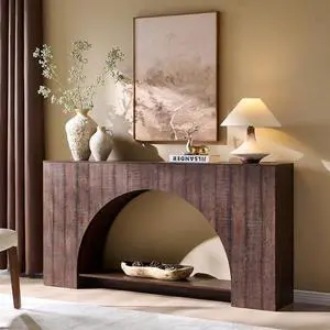 IFGET 63" Arched Console Table, 2-Tier Modern Entryway Table with Arched Base, Narrow Long Wood Sofa Table Behind Couch Table for Living Room, Hallway, Foyer, Brown IFGET 63" Arched Console Table, 2-Tier Modern Entryway Table with Arched Base, Narrow Long Wood Sofa Table Behind Couch Table for Living Room, Hallway, Foyer, Brown