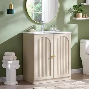 IFGET Modern Bathroom Vanity with Sink, 30 Inch Arched Fluted Bathroom Vanity Cabinet, Freestanding Single Bathroom Vanity with Ceramic Basin, Adjustable Storage Shelf, Space-Saving, Cream IFGET Modern Bathroom Vanity with Sink, 30 Inch Arched Fluted Bathroom Vanity Cabinet, Freestanding Single Bathroom Vanity with Ceramic Basin, Adjustable Storage Shelf, Space-Saving, Cream