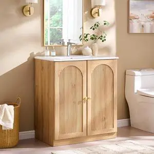 IFGET Modern Bathroom Vanity with Sink, 30 Inch Arched Fluted Bathroom Vanity Cabinet, Freestanding Single Bathroom Vanity with Ceramic Basin, Adjustable Storage Shelf, Space-Saving, Natural Oak IFGET Modern Bathroom Vanity with Sink, 30 Inch Arched Fluted Bathroom Vanity Cabinet, Freestanding Single Bathroom Vanity with Ceramic Basin, Adjustable Storage Shelf, Space-Saving, Natural Oak