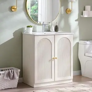IFGET Modern Bathroom Vanity with Sink, 30 Inch Arched Fluted Bathroom Vanity Cabinet, Freestanding Single Bathroom Vanity with Ceramic Basin, Adjustable Storage Shelf, Space-Saving, Antique White IFGET Modern Bathroom Vanity with Sink, 30 Inch Arched Fluted Bathroom Vanity Cabinet, Freestanding Single Bathroom Vanity with Ceramic Basin, Adjustable Storage Shelf, Space-Saving, Antique White