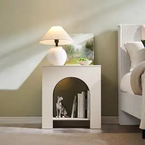 Arched End Table with Type-C Charging Station, 22" Modern Bedroom NightStand with Arched Open Shelf, Night Table with Outlet, USB, Type-C Port for Bedroom, Cream Arched End Table with Type-C Charging Station, 22" Modern Bedroom NightStand with Arched Open Shelf, Night Table with Outlet, USB, Type-C Port for Bedroom, Cream