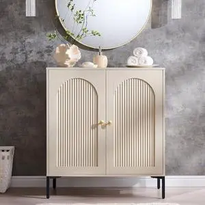 IFGET Bathroom Storage Cabinet with Doors, 34" Tall Fluted Arched Free Standing Floor Cabinet w/Adjustable Shelves, Modern Sideboard Cabinet for Bathroom, Kitchen, Living Room, Entryway, Cream IFGET Bathroom Storage Cabinet with Doors, 34" Tall Fluted Arched Free Standing Floor Cabinet w/Adjustable Shelves, Modern Sideboard Cabinet for Bathroom, Kitchen, Living Room, Entryway, Cream