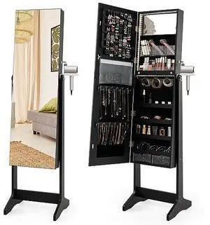 COSTWAY LED Mirror Jewelry Cabinet, Standing Jewelry Organizer w/Hairdryer Holder, Full-Length Mirror with Large Jewelry Storage, Lockable Jewelry Armoire for Living Room, Bedroom (Black) COSTWAY LED Mirror Jewelry Cabinet, Standing Jewelry Organizer w/Hairdryer Holder, Full-Length Mirror with Large Jewelry Storage, Lockable Jewelry Armoire for Living Room, Bedroom (Black)