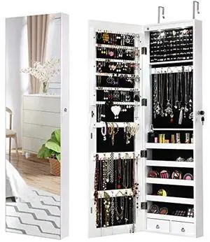 COSTWAY Wall Mounted Jewelry Armoire with Full Length Mirror & 2 LED Lights, Large Storage Capacity, Lockable Mirror Jewelry Cabinet for Women Girls (White) COSTWAY Wall Mounted Jewelry Armoire with Full Length Mirror & 2 LED Lights, Large Storage Capacity, Lockable Mirror Jewelry Cabinet for Women Girls (White)
