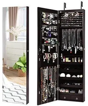 COSTWAY Wall Mounted Jewelry Armoire with Full Length Mirror & 2 LED Lights, Large Storage Capacity, Lockable Mirror Jewelry Cabinet for Women Girls (Brown) COSTWAY Wall Mounted Jewelry Armoire with Full Length Mirror & 2 LED Lights, Large Storage Capacity, Lockable Mirror Jewelry Cabinet for Women Girls (Brown)