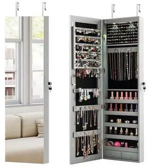 COSTWAY Wall Door Mounted Jewelry Armoire with 47.5" Full Length Mirror & 2 LED Lights, Large Storage Capacity, Lockable Mirror Jewelry Cabinet for Women Girls (Gray) COSTWAY Wall Door Mounted Jewelry Armoire with 47.5" Full Length Mirror & 2 LED Lights, Large Storage Capacity, Lockable Mirror Jewelry Cabinet for Women Girls (Gray)