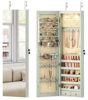 COSTWAY Wall Mounted Jewelry Armoire with Full Length Mirror & 2 LED Lights, Large Storage Capacity, Lockable Mirror Jewelry Cabinet for Women Girls (Green) COSTWAY Wall Mounted Jewelry Armoire with Full Length Mirror & 2 LED Lights, Large Storage Capacity, Lockable Mirror Jewelry Cabinet for Women Girls (Green)