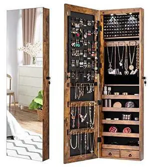 COSTWAY Wall Mounted Jewelry Armoire with Full Length Mirror & 2 LED Lights, Large Capacity, Lockable Mirror Jewelry Cabinet for Women Girls (Rustic Brown) COSTWAY Wall Mounted Jewelry Armoire with Full Length Mirror & 2 LED Lights, Large Capacity, Lockable Mirror Jewelry Cabinet for Women Girls (Rustic Brown)