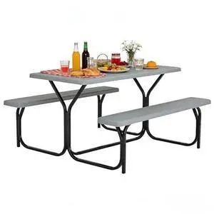 COSTWAY Outdoor Picnic Table, HDPE Plastic Picnic Table Bench Set with Weather Resistant Tabletop & Wood Texture, Ideal for Patio, Backyard (59" D x 54" W x 28.5" H,Grey) COSTWAY Outdoor Picnic Table, HDPE Plastic Picnic Table Bench Set with Weather Resistant Tabletop & Wood Texture, Ideal for Patio, Backyard (59" D x 54" W x 28.5" H,Grey)