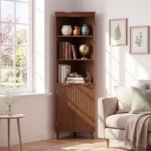 COSTWAY 68" Tall Corner Cabinet with Fluted Doors, Mid-Century Modern Bathroom & Kitchen Storage, 6-Tier Space-Saving Shelves for Living Room, Hallway & Laundry (Walnut) COSTWAY 68" Tall Corner Cabinet with Fluted Doors, Mid-Century Modern Bathroom & Kitchen Storage, 6-Tier Space-Saving Shelves for Living Room, Hallway & Laundry (Walnut)