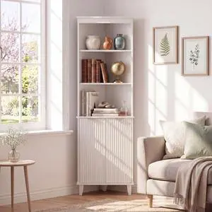 COSTWAY 68" Tall Corner Cabinet with Fluted Doors, Mid-Century Modern Bathroom & Kitchen Storage, 6-Tier Space-Saving Shelves for Living Room, Hallway & Laundry (White) COSTWAY 68" Tall Corner Cabinet with Fluted Doors, Mid-Century Modern Bathroom & Kitchen Storage, 6-Tier Space-Saving Shelves for Living Room, Hallway & Laundry (White)