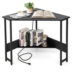 COSTWAY Corner Computer Desk, with USB Ports & Power Outlet, Storage Shelf for Small Space, Triangle Steel Frame Corner Desk for Home Office, Workstation (Black) COSTWAY Corner Computer Desk, with USB Ports & Power Outlet, Storage Shelf for Small Space, Triangle Steel Frame Corner Desk for Home Office, Workstation (Black)
