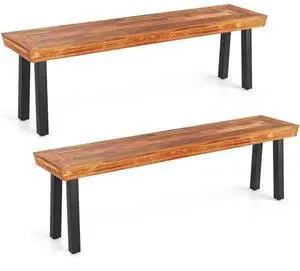 COSTWAY Set of 2 Outdoor Acacia Wood Benches, 2-3 People Backless Garden Benches with Metal Frame for Patio, Deck, Yard and Entryway COSTWAY Set of 2 Outdoor Acacia Wood Benches, 2-3 People Backless Garden Benches with Metal Frame for Patio, Deck, Yard and Entryway