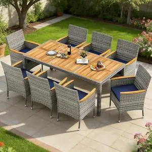 COSTWAY 9-Piece Patio Dining Set for 8, Outdoor Rattan Wicker Table and Chairs Furniture Set with Umbrella Hole, Acacia Wood Tabletop for Backyard, Balcony, Poolside, Grey & Navy COSTWAY 9-Piece Patio Dining Set for 8, Outdoor Rattan Wicker Table and Chairs Furniture Set with Umbrella Hole, Acacia Wood Tabletop for Backyard, Balcony, Poolside, Grey & Navy