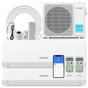 COSTWAY 24k Dual 2 Zone Mini Split Air Conditioner, 23 SEER2 9000 BTU+ 18000 BTU, 208-230V, Wifi Enabled Multi Zones Mini Split AC Heat Pump Full Set, Ductless Energy Star COSTWAY 24k Dual 2 Zone Mini Split Air Conditioner, 23 SEER2 9000 BTU+ 18000 BTU, 208-230V, Wifi Enabled Multi Zones Mini Split AC Heat Pump Full Set, Ductless Energy Star