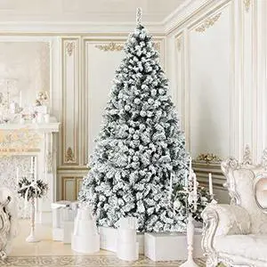 COSTWAY 9 FT Pre-Lit Christmas Tree, Snow Flocked Hinged Xmas Tree with 1498 Branches Tips & 550 LED Lights, Metal Stand, Artificial Pine Lighted Holiday Tree for Home Office Decorations COSTWAY 9 FT Pre-Lit Christmas Tree, Snow Flocked Hinged Xmas Tree with 1498 Branches Tips & 550 LED Lights, Metal Stand, Artificial Pine Lighted Holiday Tree for Home Office Decorations