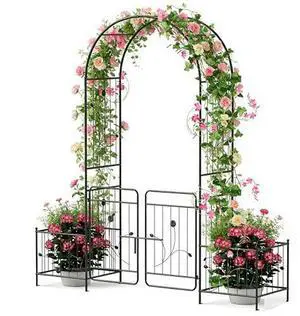 COSTWAY 3-in-1 Garden Arch with Lockable Gate & 2 Side Planters, 86" Metal Arch Trellis for Climbing Plants, Elegant Arbour Archway with 8 Ground Stakes for Bridal Party Wedding Decoration, Black COSTWAY 3-in-1 Garden Arch with Lockable Gate & 2 Side Planters, 86" Metal Arch Trellis for Climbing Plants, Elegant Arbour Archway with 8 Ground Stakes for Bridal Party Wedding Decoration, Black