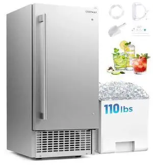 COSTWAY 15" Under Counter Commercial Ice Maker, 110Lbs/24H, 25Lbs Storage Bin, Self-Cleaning, Reversible Door, 23H Timer, Built-in Freestanding Ice Machine for Home Bar Cafe Restaurant, Silver COSTWAY 15" Under Counter Commercial Ice Maker, 110Lbs/24H, 25Lbs Storage Bin, Self-Cleaning, Reversible Door, 23H Timer, Built-in Freestanding Ice Machine for Home Bar Cafe Restaurant, Silver