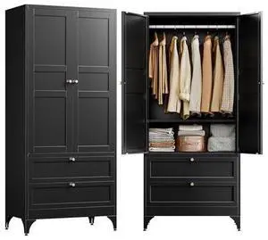 Letaya 71" Metal Wardrobe Cabinets with 2 Drawers,Steel Armoire Wardrobe Closet with Doors and Shelves,Clothing Storage Cabinets with Hanging Rod for Bedroom, Gym, Cloak Room,Black Letaya 71" Metal Wardrobe Cabinets with 2 Drawers,Steel Armoire Wardrobe Closet with Doors and Shelves,Clothing Storage Cabinets with Hanging Rod for Bedroom, Gym, Cloak Room,Black