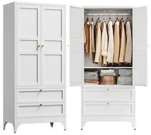 Letaya 71" Metal Wardrobe Cabinets with 2 Drawers,Steel Armoire Wardrobe Closet with Doors and Shelves,Clothing Storage Cabinets with Hanging Rod for Bedroom, Gym, Cloak Room,White Letaya 71" Metal Wardrobe Cabinets with 2 Drawers,Steel Armoire Wardrobe Closet with Doors and Shelves,Clothing Storage Cabinets with Hanging Rod for Bedroom, Gym, Cloak Room,White