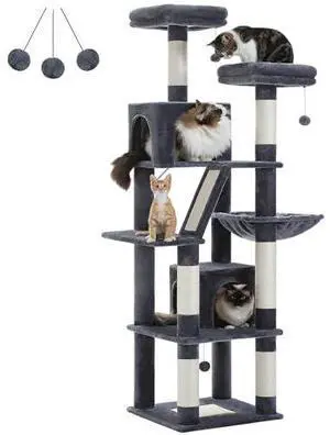PAWZ Road 70 Inch Cat Tower, Tall Cat Tree with 2 Cozy Condos, 2 Plush Perch, Large Basket, 2 Scraching Pad & 6 Scraching Posts for Indoor Cats Large Adult, Dark Gray PAWZ Road 70 Inch Cat Tower, Tall Cat Tree with 2 Cozy Condos, 2 Plush Perch, Large Basket, 2 Scraching Pad & 6 Scraching Posts for Indoor Cats Large Adult, Dark Gray