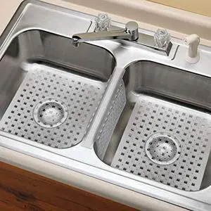 Kitchen Sink Protector Mat Pad Set, 3 Piece Combo Set Includes -2 Sink Mats - 1 Sink Saddle - 3 Drain Stopper Kitchen Sink Protector Mat Pad Set, 3 Piece Combo Set Includes -2 Sink Mats - 1 Sink Saddle - 3 Drain Stopper