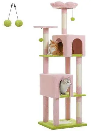 PAWZ Road Pink Flower Cat Tree Tower 62 Inches Cat Tree with 2 Condos,2 Flower Perches,4 Scratching Posts & 1 Scratching Board, and 2 Hanging Balls for Indoor Cats PAWZ Road Pink Flower Cat Tree Tower 62 Inches Cat Tree with 2 Condos,2 Flower Perches,4 Scratching Posts & 1 Scratching Board, and 2 Hanging Balls for Indoor Cats
