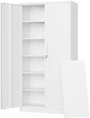 Metal Storage Cabinets with Lock Door,Steel Locker Garage Cabinets 5 Adjustable Shelves for Home,Office, Warehouse(White) Metal Storage Cabinets with Lock Door,Steel Locker Garage Cabinets 5 Adjustable Shelves for Home,Office, Warehouse(White)