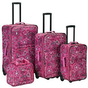 Rockland Fashion Softside 4 Piece Luggage Set, Expandable, (14" Tote/19"/24"/28"), Pink Bandana Rockland Fashion Softside 4 Piece Luggage Set, Expandable, (14" Tote/19"/24"/28"), Pink Bandana