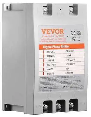 VEVOR 3 Phase Converter - 5HP 15A 220V Single Phase to 3 Phase Converter, Digital Phase Shifter for Residential and Light Commercial Use, 220V Input/Output (One Converter for One Motor Only) VEVOR 3 Phase Converter - 5HP 15A 220V Single Phase to 3 Phase Converter, Digital Phase Shifter for Residential and Light Commercial Use, 220V Input/Output (One Converter for One Motor Only)