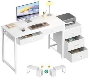 ODK Computer Desk with 5 Drawers, 53 Inch Office Desk with Printer Shelf, Reversible Vanity Desk for Home Bedroom, Writing Table Desk for Storage, White ODK Computer Desk with 5 Drawers, 53 Inch Office Desk with Printer Shelf, Reversible Vanity Desk for Home Bedroom, Writing Table Desk for Storage, White