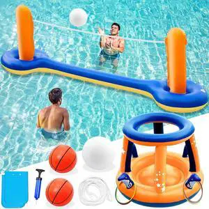 Pool Toys Games Set - 3 in 1 Pool Volleyball Net Basketball Hoop Ring Toss Game Inflatable Floats Water Floating Volleyball Swimming Pools Games Party Gift for Kids Adults (Orange&Blue, XL) Pool Toys Games Set - 3 in 1 Pool Volleyball Net Basketball Hoop Ring Toss Game Inflatable Floats Water Floating Volleyball Swimming Pools Games Party Gift for Kids Adults (Orange&Blue, XL)