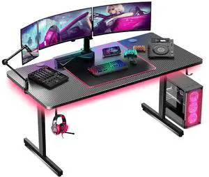 Gaming Desk 55 Inch with LED Lights, Large Computer Desk with Mouse Pad for Home Office, T-Shaped Carbon Fibre Surface PC Game Workstations with Headphone Hook Gaming Desk 55 Inch with LED Lights, Large Computer Desk with Mouse Pad for Home Office, T-Shaped Carbon Fibre Surface PC Game Workstations with Headphone Hook