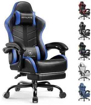 Gaming Chair with Footrest, Computer Gaming Chair for Adults, Height Adjustable Gamer Chair with 90-155° Recline & Removable Headrest Lumbar Support, Dark Black-Blue Gaming Chair with Footrest, Computer Gaming Chair for Adults, Height Adjustable Gamer Chair with 90-155° Recline & Removable Headrest Lumbar Support, Dark Black-Blue