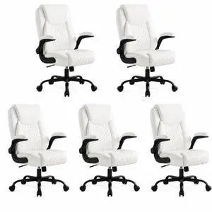 White Office Desk Chair with 90° Flip-up Arm, 5 Pack | Leather Chair for Home, Ergonomic Design Office Chair, Computer Desk Chair for Gaming, Adjustable Height White Office Desk Chair with 90° Flip-up Arm, 5 Pack | Leather Chair for Home, Ergonomic Design Office Chair, Computer Desk Chair for Gaming, Adjustable Height