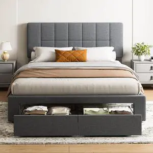 Queen Bed Frame with 2 Storage Drawers, Sturdy & Durable with 12 Support Legs, 1300 lbs Capacity, Solid Wooden Upholstered Adjustable Headboard for 612 Mattresses, Easy Assembly, Dark Gray Queen Bed Frame with 2 Storage Drawers, Sturdy & Durable with 12 Support Legs, 1300 lbs Capacity, Solid Wooden Upholstered Adjustable Headboard for 612 Mattresses, Easy Assembly, Dark Gray