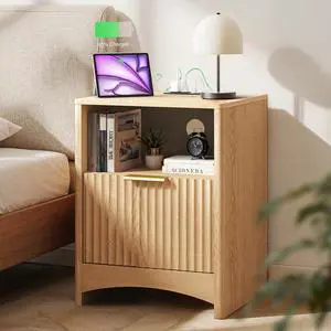 Fluted Nightstand with Charging Station, Adjustable Bedside Table with USB & AC Ports, 1 Drawer End Table, Wood Grain Finish, Sleek Wide Handle, Perfect for Bedroom, Natural Oak Fluted Nightstand with Charging Station, Adjustable Bedside Table with USB & AC Ports, 1 Drawer End Table, Wood Grain Finish, Sleek Wide Handle, Perfect for Bedroom, Natural Oak