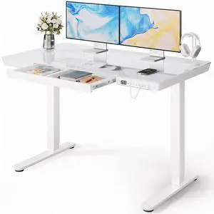Glass Standing Desk with Drawer, 47.24 inch Electric Standing Desk, Height Adjustable Desk with One-Piece Tabletop & USB Charging Ports, Sit Stand Desk with Storage for Home & Office White Glass Standing Desk with Drawer, 47.24 inch Electric Standing Desk, Height Adjustable Desk with One-Piece Tabletop & USB Charging Ports, Sit Stand Desk with Storage for Home & Office White