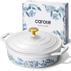 3.5QT Enameled Cast Iron Braiser Pan, Shallow Floral Dutch Oven Casserole Skillets, Non-Toxic Cast Iron Pot with Lid for Baking, Dual Handles, All Stovetop Compatible, White & Blue 3.5QT Enameled Cast Iron Braiser Pan, Shallow Floral Dutch Oven Casserole Skillets, Non-Toxic Cast Iron Pot with Lid for Baking, Dual Handles, All Stovetop Compatible, White & Blue