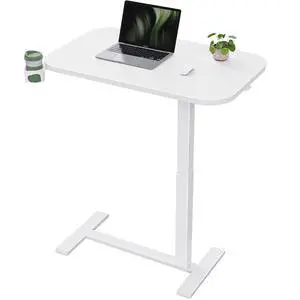 32×16 Overbed Table with Hidden Wheels, Pneumatic Adjustable Bedside Table, Mobile Rolling Table with 360° Hideable Cup Holder, White 32×16 Overbed Table with Hidden Wheels, Pneumatic Adjustable Bedside Table, Mobile Rolling Table with 360° Hideable Cup Holder, White