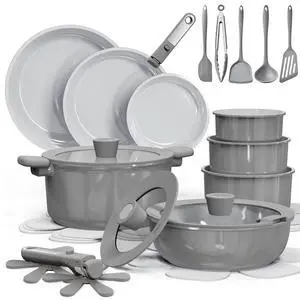 27pcs Ceramic Cookware Set Nonstick, Pots and Pans Set Non Stick, Non Toxic Cookware Detachable Handles, Dishwasher/Oven Safe, RV/Camping Cookware with Kitchen Utensils, Gray 27pcs Ceramic Cookware Set Nonstick, Pots and Pans Set Non Stick, Non Toxic Cookware Detachable Handles, Dishwasher/Oven Safe, RV/Camping Cookware with Kitchen Utensils, Gray