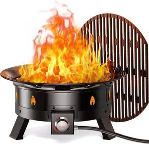 21 Inch Propane Fire Pit with Grill Grate, Folding Legs, 58,000 BTU, Black, Metal, Round, Compatible with Propane 21 Inch Propane Fire Pit with Grill Grate, Folding Legs, 58,000 BTU, Black, Metal, Round, Compatible with Propane