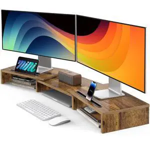 Dual Monitor Stand Riser- 3 Shelf Screen Stand with Adjustable Length and Angle, 2 Extra Functional Slot Desktop Organizer Stand for PC, Computer, Laptop (Rustic Brown) Dual Monitor Stand Riser- 3 Shelf Screen Stand with Adjustable Length and Angle, 2 Extra Functional Slot Desktop Organizer Stand for PC, Computer, Laptop (Rustic Brown)